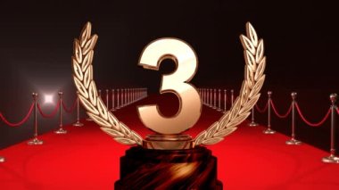 Kazananların kırmızı halı ödül töreninde üçüncülük ödülünün animasyonu. rekabet, başarı ve olay konsepti dijital olarak oluşturulmuş video.