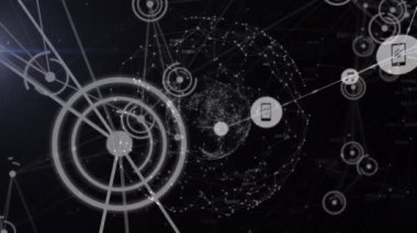 Siyah arkaplan üzerinden veri aktaran büyüyen medya ve müzik simgeleri ağının animasyonu. küresel iletişim ağı ve veri paylaşım konsepti dijital olarak oluşturulmuş video.