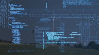 Rüzgar türbinleri ve gökyüzü üzerinde veri işleme animasyonu. küresel teknoloji ve veri işleme kavramı dijital olarak oluşturulmuş video.