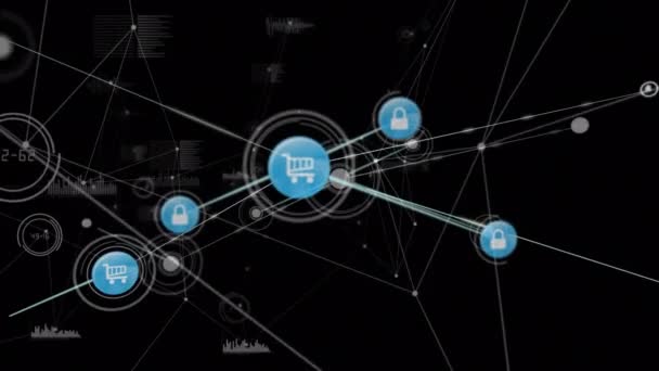 Animacja Sieci Ikon Kłódki Koszyka Handlowego Przesyłających Dane Czarnym Tle — Wideo stockowe