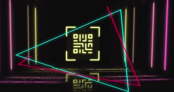 Animação Brilhante Código Sobre Formas Geométricas Néon Conceito Segurança Identidade — Vídeo de Stock