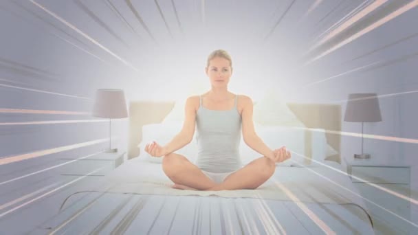 Animação Linhas Móveis Sobre Mulher Caucasiana Praticando Ioga Meditação Mundo — Vídeo de Stock