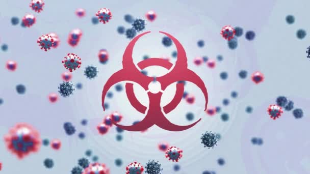 在浅紫色背景下 生物危害在漂浮病毒细胞上的动画 全球联盟19大流行病概念数码视频 — 图库视频影像