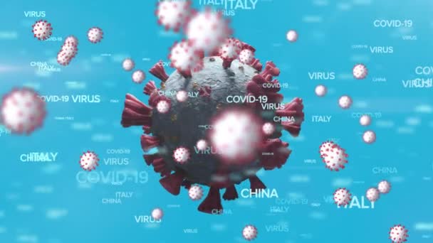 Vírussejtek Animációja Kovid Porcelán Olasz Feliratok Kék Háttérrel Globális Covid — Stock videók