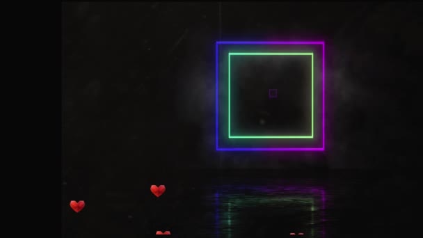 Animation Hearts Neon Squares Black Background Global Technology Digital Interface — Stock Video