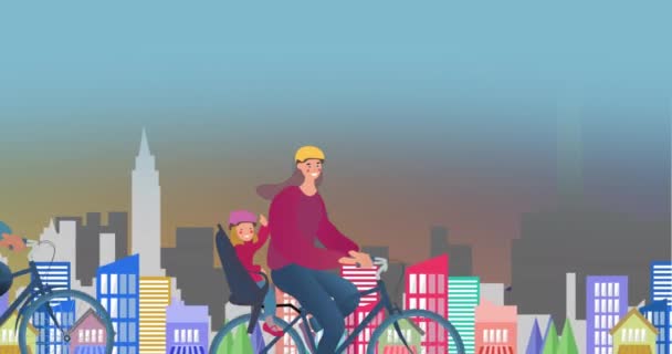 Анімація Щасливих Сімейних Велосипедів Над Містом Національний Велосипед Робочий День — стокове відео