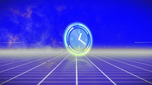 Animation Von Interferenzen Und Beweglicher Uhr Über Lichtspuren Auf Blauem — Stockvideo