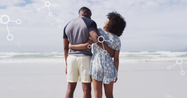Animace Molekul Zadní Pohled Africký Americký Pár Objímající Pláži Láska — Stock video