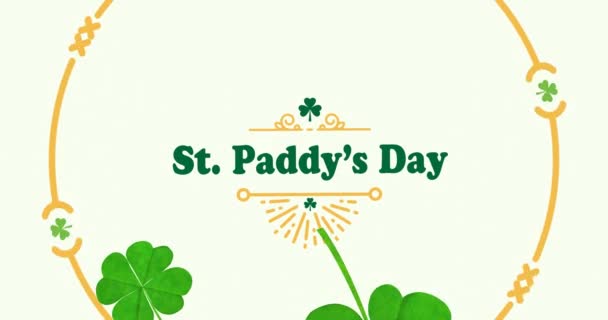 Animation Happy Paddy Day Text Clover Leaves Yellow Frame White — Stock Video