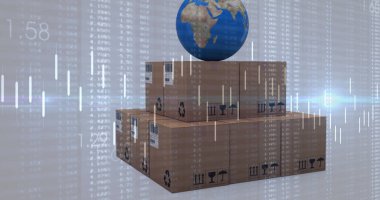 Dünya ve karton kutular üzerinde işlenen istatistiklerin resmi. küresel taşımacılık, iş ve veri işleme kavramı dijital olarak oluşturulmuş görüntü.
