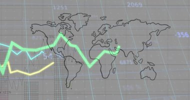 Gri arkaplanda ızgarası olan dünya haritası üzerinde çizgileri olan istatistik işleme resmi. küresel taşımacılık, iş ve veri işleme kavramı dijital olarak oluşturulmuş görüntü.