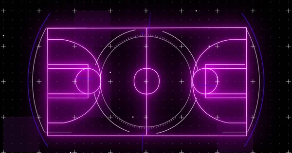 Image of purple neon basketball court and markers. sports and data processing concept digitally generated image.