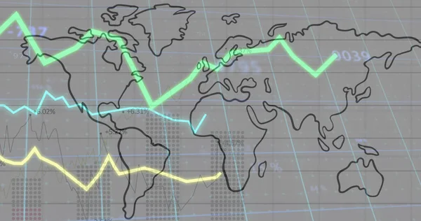 Imagem Processamento Estatísticas Com Linhas Sobre Mapa Mundo Com Grade — Fotografia de Stock