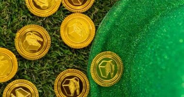 Altın sikkelerin ve yeşil şapkanın çimen arka planda canlandırılması. Aziz Patrick Günü kutlamaları ve dijital olarak üretilen İrlanda geleneği..
