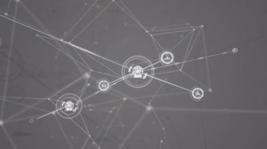 Gri üzerine veri aktarımı yapan bilgi ve küresel paylaşım ikonlarının büyüyen ağının animasyonu. küresel iletişim ağı ve veri paylaşım konsepti dijital olarak oluşturulmuş video.