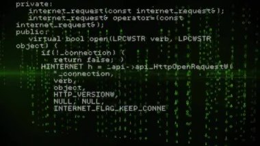Yeşil ışıkta ikili kodlama ve veri işleme animasyonu. küresel bulut hesaplama, veri işleme ve konsept dijital olarak oluşturulmuş video.