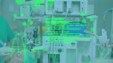 Ameliyathanede hastaları ameliyat eden cerrahların tıbbi veri işleme animasyonları. Tıbbi araştırma teknolojisi ve sağlık hizmetleri konsepti dijital olarak oluşturulmuş video.