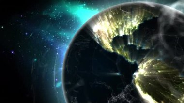 Parlayan dünya dönmesiyle bağlantılı ağ animasyonları. küresel gönderim, bağlantılar ve veri işleme konsepti dijital olarak oluşturulmuş video.