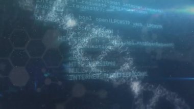 Mavi uzayda kimyasal formüller ve DNA zincirleri üzerinde veri işleme animasyonu. İnsan biyolojisi, bilim ve teknoloji konsepti dijital olarak üretilen video.