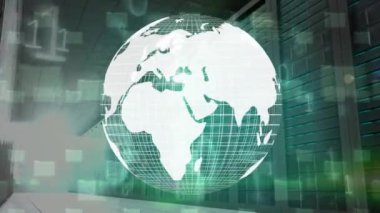 Yeşil uzayda ikili kod ve sunucular üzerinde dönen dünyanın animasyonu. küresel veri işleme ve teknoloji konsepti dijital olarak oluşturulmuş video.