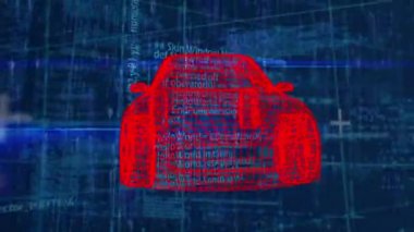 Mavi uzayda veri işleme üzerinde dönen araba projesinin animasyonu. Desen, veri işleme ve teknoloji konsepti dijital olarak oluşturulmuş video.