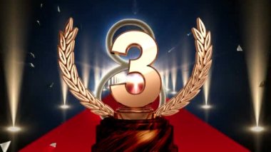 Üçüncülük ödülünün animasyonu, kırmızı halı kazananların ödül töreni. rekabet, başarı ve olay konsepti dijital olarak oluşturulmuş video.