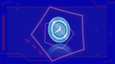 Mavi arkaplandaki pentagonların üzerinde hareket eden saatin animasyonu. küresel teknoloji ve dijital arayüz kavramı dijital olarak oluşturulmuş video.