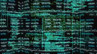 Finansal veri işleme animasyonu. küresel iş, bilgisayar ve veri işleme kavramı dijital olarak oluşturulmuş video.