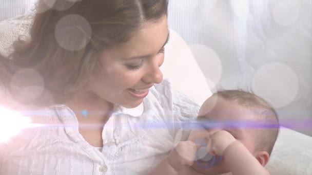 Animação Pontos Brilhantes Sobre Mãe Caucasiana Feliz Com Bebê Dia — Vídeo de Stock