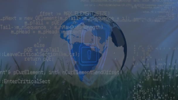 南京錠と草で世界中のデータ処理のアニメーション 世界的なビジネス データ処理の概念デジタルで生成されたビデオ — ストック動画