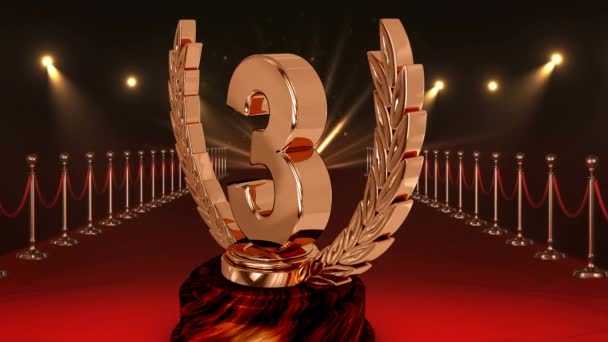 Animação Terceiro Lugar Troféu Prêmio Floodlit Tapete Vermelho Vencedores Cerimônia — Vídeo de Stock