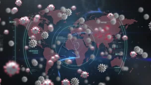 Animering Virusceller Och Sökare Över Världskartan Global Covid Pandemikoncept Digitalt — Stockvideo