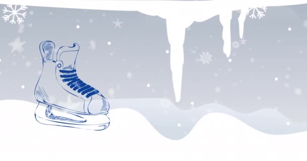 Animation Text Blått Över Illustration Ishockey Skridskor Och Snö Faller — Stockvideo