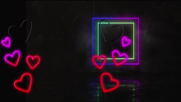 Animation Von Herzen Über Neon Quadraten Auf Schwarzem Hintergrund Globale — Stockvideo