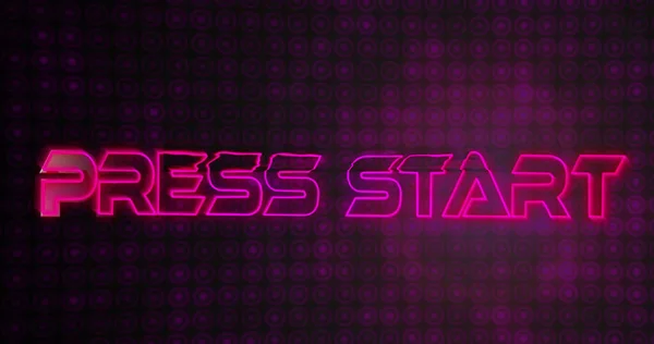 Image of press start text in metallic letters over purple glowing pattern. image game and data processing concept digitally generated image.