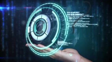 El ele tutuşmanın animasyonu tarama ve kara arkaplanda veri işleme üzerinde küresel tarama. küresel bağlantılar, dijital arayüz ve dijital olarak oluşturulmuş video işleme konsepti.