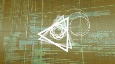 Sarı uzayda veri işleme üzerinde dönen geometrik şekillerin animasyonu. Desen, veri işleme ve teknoloji konsepti dijital olarak oluşturulmuş video.