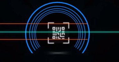 Neon geometrik şekiller üzerinde parlayan qr kodlarının animasyonu. Çevrimiçi güvenlik, kimlik ve veri işleme kavramı dijital olarak oluşturulmuş video.