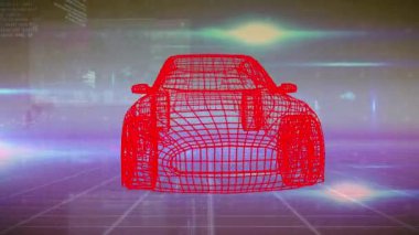 Pembe ve sarı alanda dönen araba projesinin animasyonu. Desen, veri işleme ve teknoloji konsepti dijital olarak oluşturulmuş video.