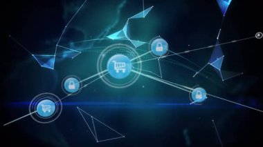 Parlayan dünyaya veri aktaran asma kilit ve alışveriş arabası ikonlarının animasyonu. küresel iletişim, iş ağı ve güvenlik konsepti dijital olarak oluşturulmuş video.