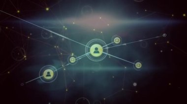 Mavi arkaplandaki simgelerle bağlantı ağının canlandırılması. küresel bağlantılar, veri işleme ve dijital olarak oluşturulmuş video ağ konsepti.