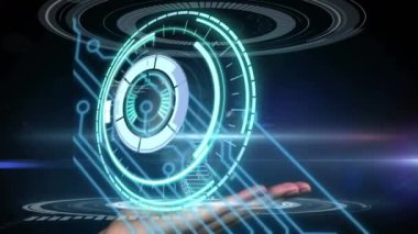 El ele tutuşmanın animasyonu. Siyah arkaplanda veri işleme taraması. küresel bağlantılar, dijital arayüz ve dijital olarak oluşturulmuş video işleme konsepti.