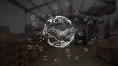 Dijital ikonlar, dünya ve depo ile bağlantı ağının animasyonu. küresel gönderim, bağlantılar ve veri işleme konsepti dijital olarak oluşturulmuş video.
