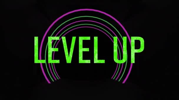 Animation Des Levels Über Neon Tunnel Auf Schwarzem Hintergrund Social — Stockvideo