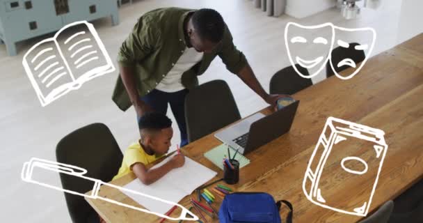 Animación Libros Máscaras Sobre Padre Afroamericano Ayudando Hijo Con Tarea — Vídeo de stock