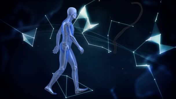 Animacja Ręki Trzymającej Cyfrowy Model Człowieka Nad Globusem Czarnym Tle — Wideo stockowe