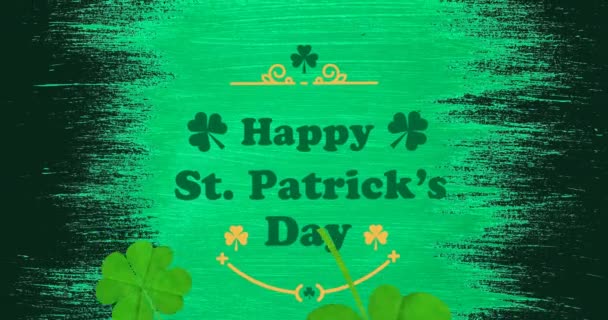 Animation Happy Patrick Day Text Clover Leaves Green Black Background — Αρχείο Βίντεο