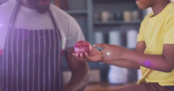 Animación Luces Sobre Feliz Afroamericano Padre Hijo Cocinando Juntos Familia — Vídeos de Stock