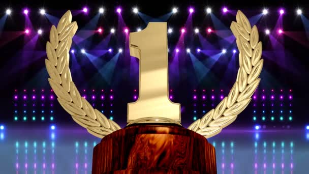 Animatie Van Eerste Plaats Award Trofee Bij Verlichte Winnaars Prijsuitreiking — Stockvideo