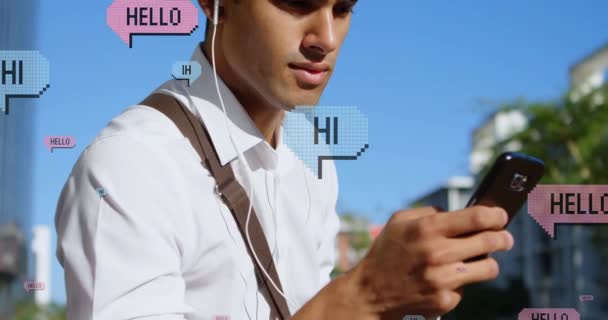 Animation Hello Midsection Biracial Man Using Smartphone City Global Connections — Stock Video